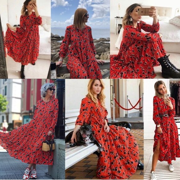 ZARA Angel Floral Tiered Midi Maxi Dress S Red Blogger Favorite Colorful Flowy - Picture 4 of 16